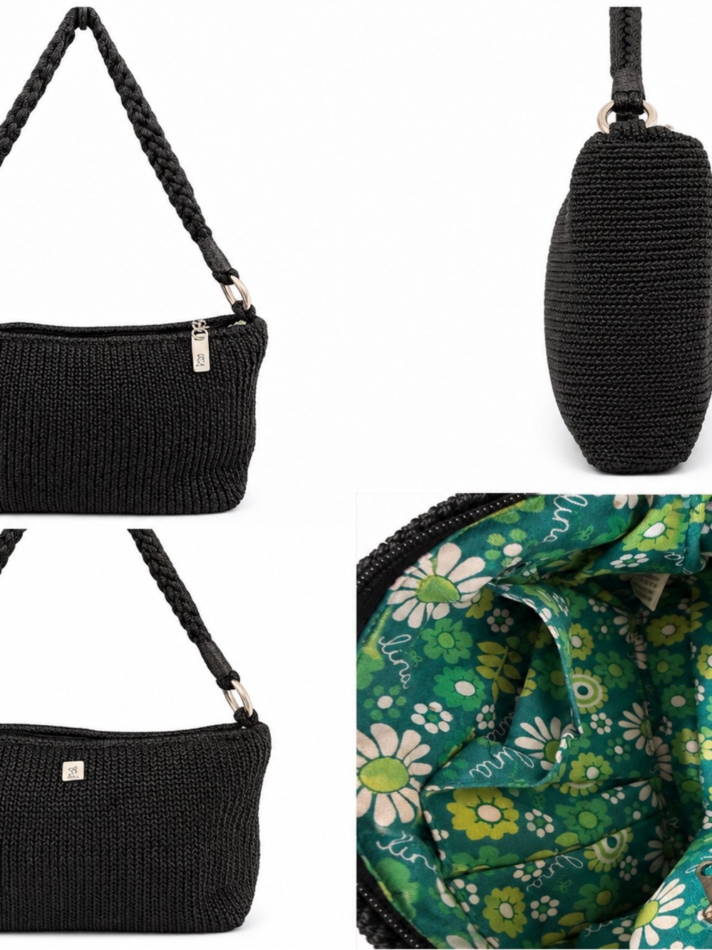 Luna Bag with Zippered Pocket Black Woven Crochet Shoulder Bag Braided Strap